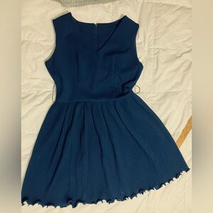 Flirty Pleated Navy Blue Sleeveless Dress Ruffled Hemline Button Belt Zip Back